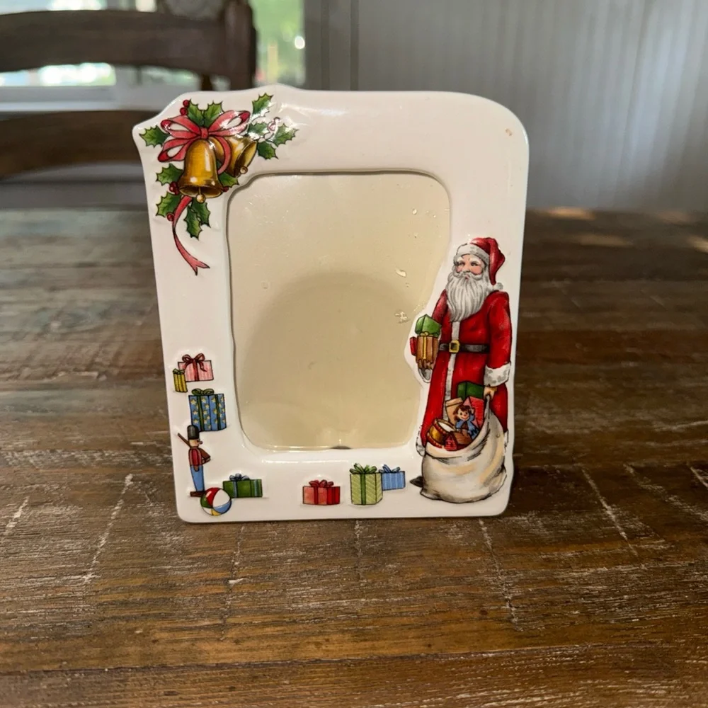 Vintage Japan Christmas Santa Photo Frame Porcelain- White with Red & Green
